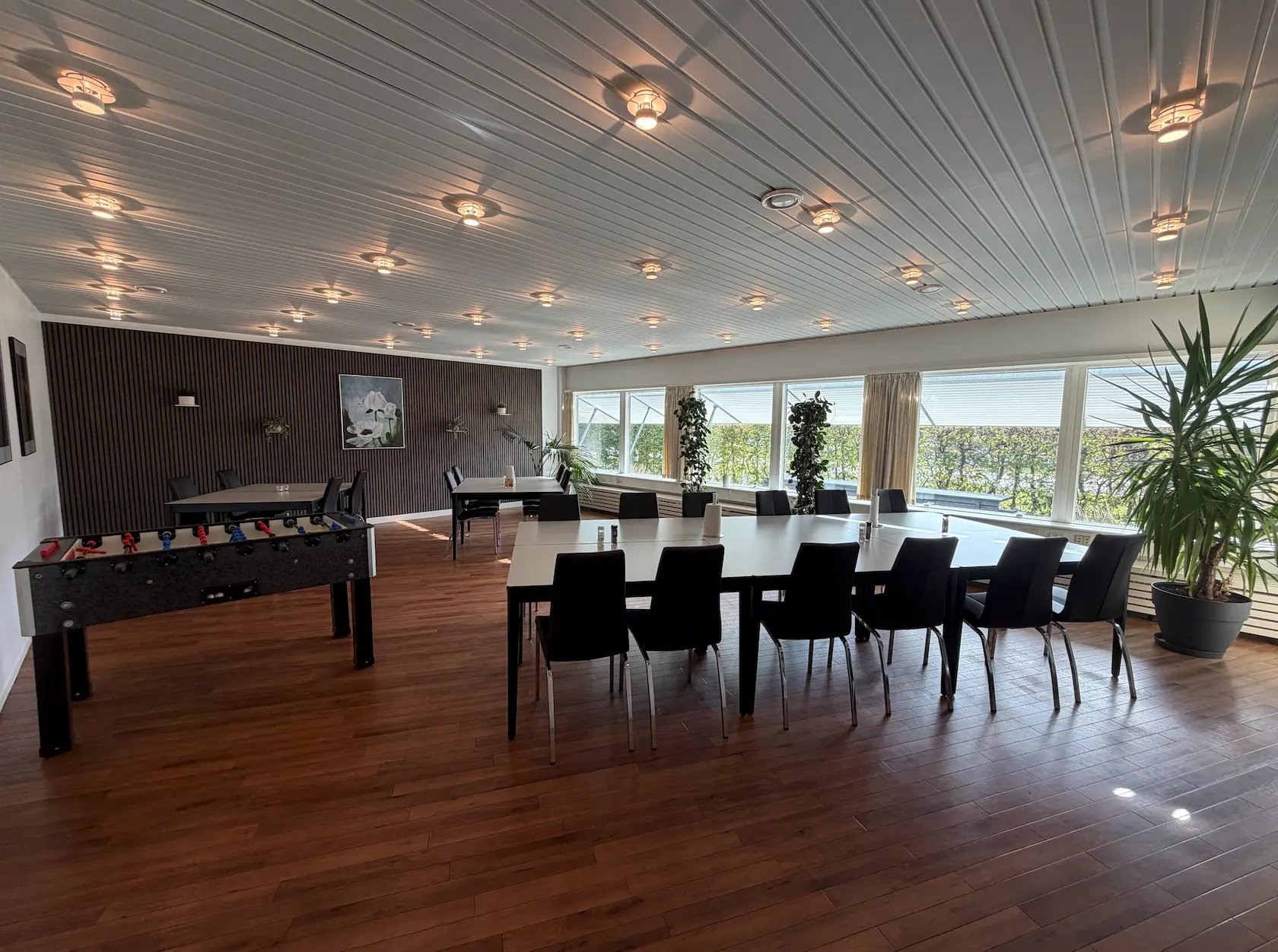 Fællesrum med lange borde, bordebold og store vinduer